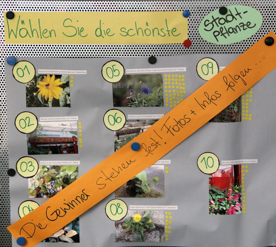 Aushang im Vor-Ort-Büro des Quartiersmanagements. Auf dem Plakat wurden die Stimmen aus dem Kiez gesammelt. Jeder gelbe Punkt ist eine Stimme. Foto: Andrei Schnell