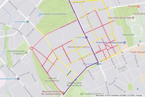 Karte mit den Reinigungsklassen der Straßen im Brunnenviertel 