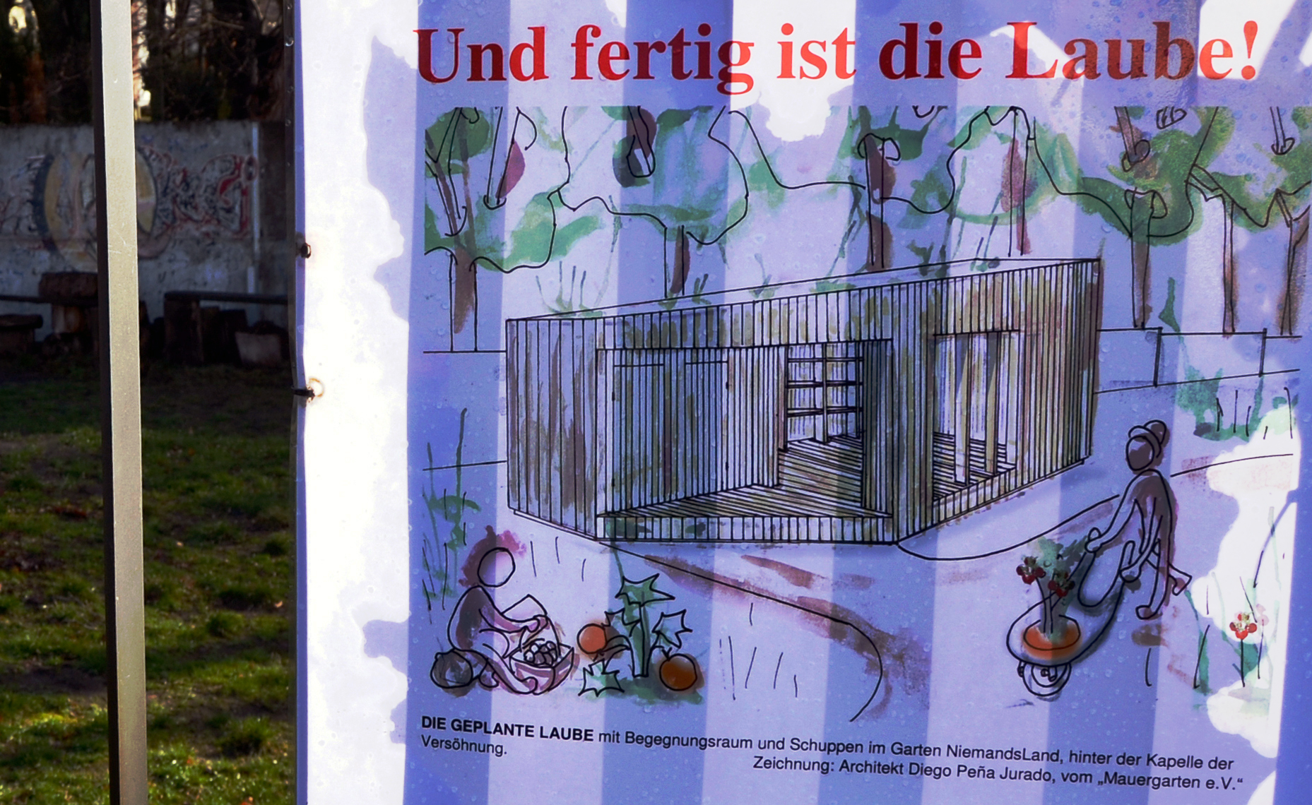 Spendenaufruf für den Laubenbau im Niemandsland-Garten. Foto: Michael Becker