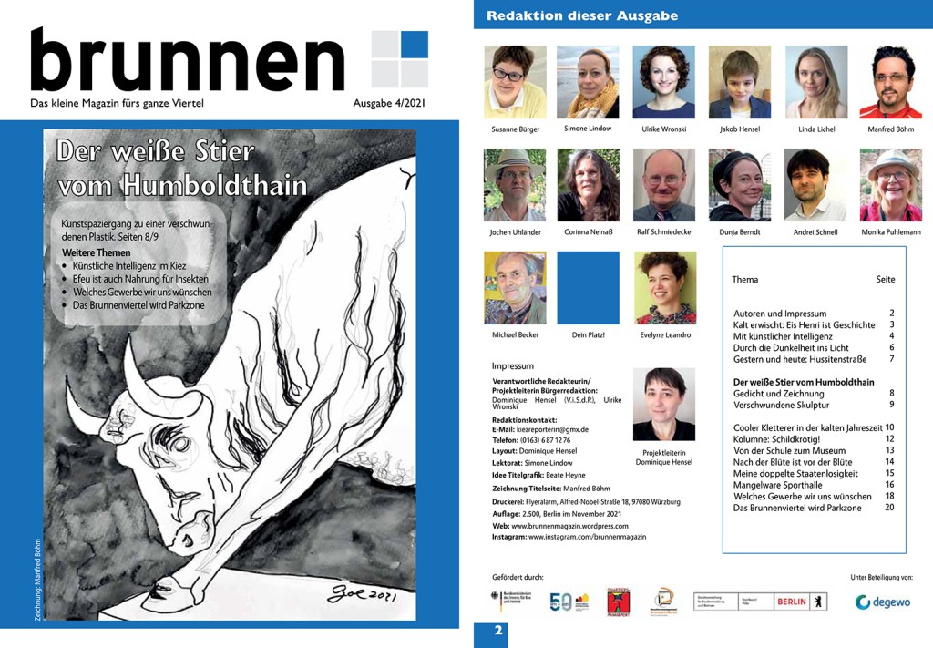 Cover und zweite Seite des Kiezmagazins "Der weiße Stier vom Humboldthain"