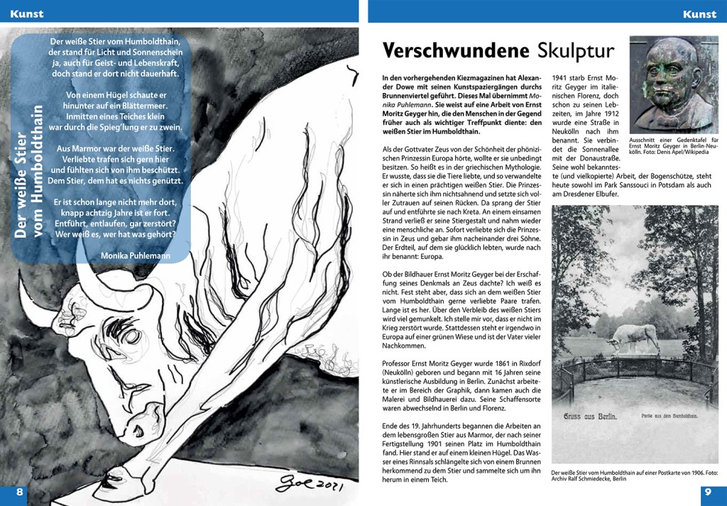Diese Doppelseite mit einem Text und einem Gedicht von Monika Puhlemann war der Ausgangspunkt für die Suche nach der verschwundenen Statue.