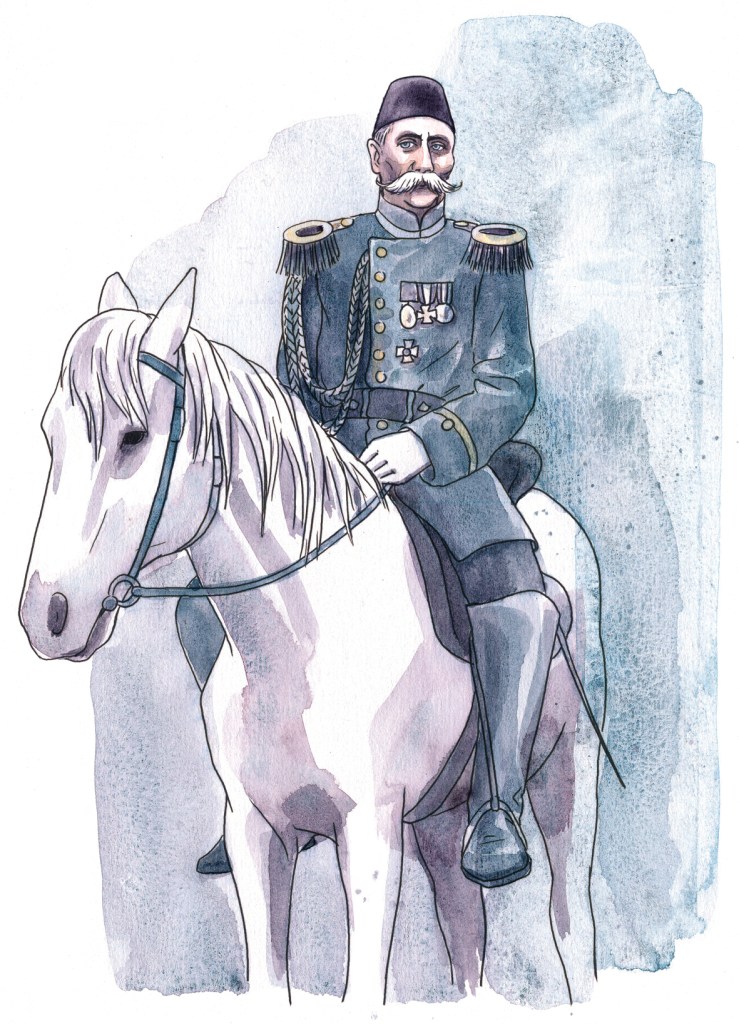 Hoch zu Ross und in Uniform: der Hochstapler Otto Witte. Er betrieb in der Wollankstraße einen Trödelladen. Zeichnung: Katrin Merle