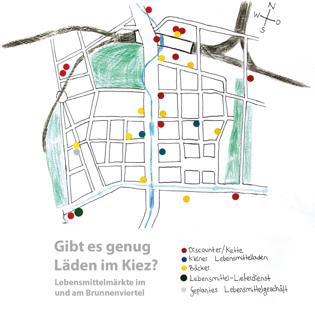 Lebensmittelgeschäfte im Brunnenviertel. Grafik: Jakob Hensel