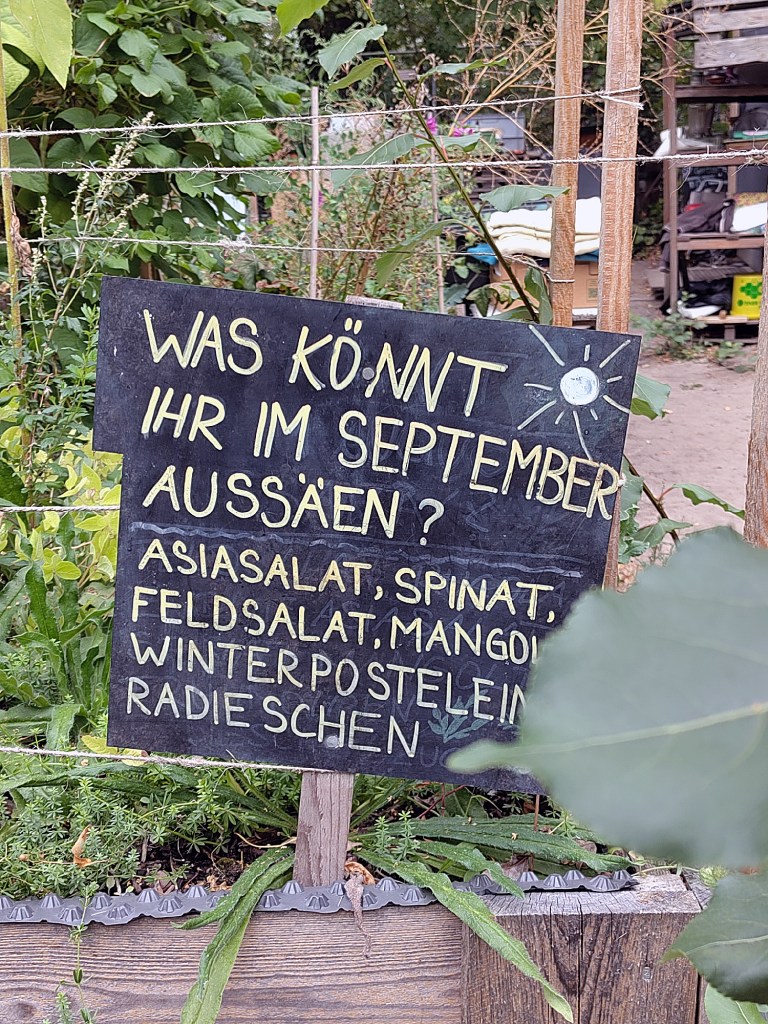 Hinweisschild im Himmelbeet: Was kann man im September noch aussäen. Foto: Hensel