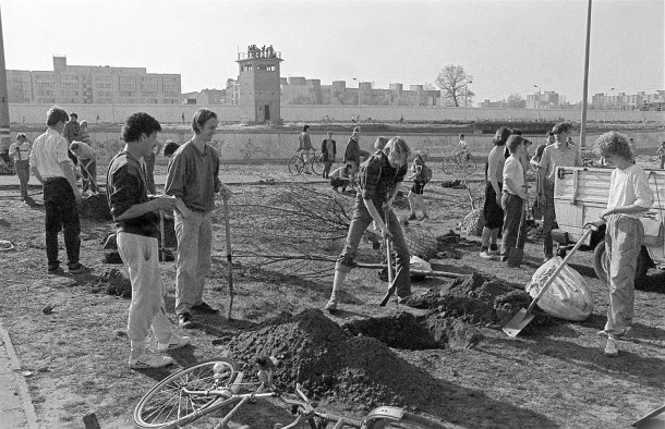 Erste Schritte zum Mauerpark auf dem ehemaligen Grenzstreifen: Baumpflanzaktion im Frühjahr 1990. Foto: Rolf Zöllner