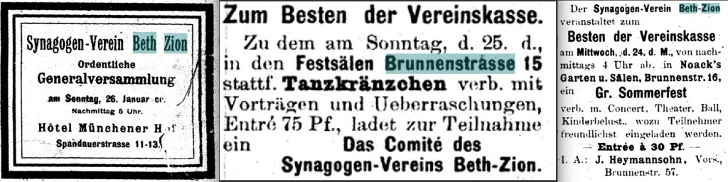 Unterschiedliche Anzeigen vom Synagogenverein Beth Zion zu Veranstaltungen im Jahr 1896