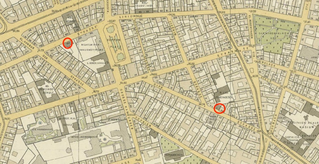 Stadtplan Straube Berlin 1910, Ausschnitt mit den Standorten der Schulen des Religionsvereins Beth Zion