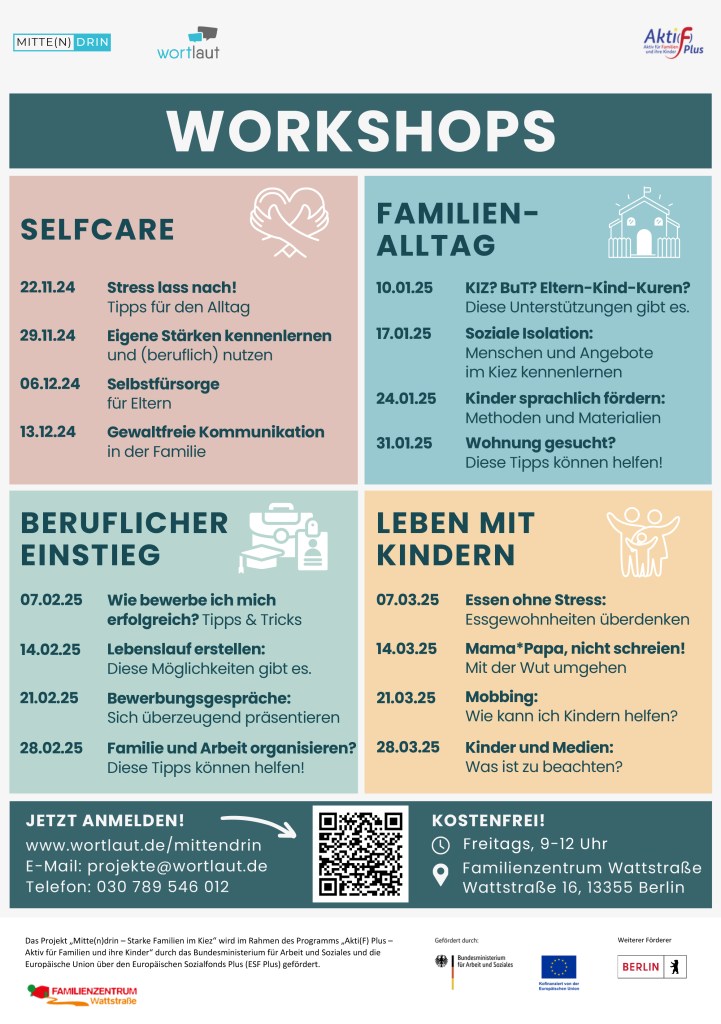 Handzettel für die Workshop-Reihe im Familienzentrum Wattstraße. Grafik: Wortlaut