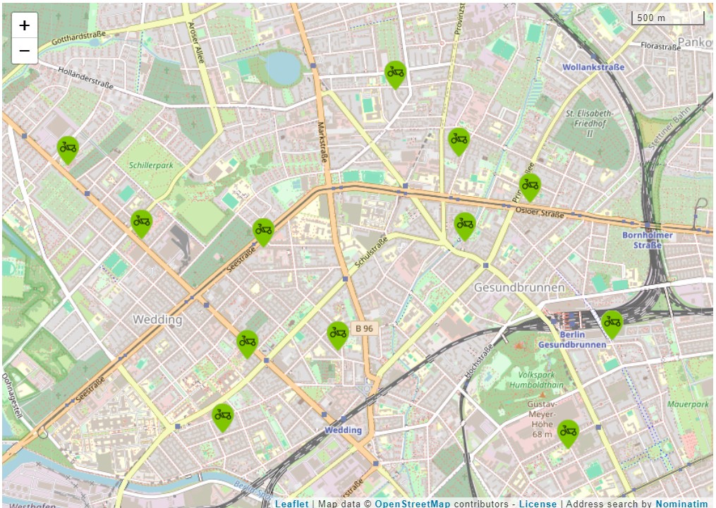 Eine Karte mit den Standorten der fLotte-Lastenräder im Wedding und in Gesundbrunnen. Foto: Open Street Map/fLotte Berlin