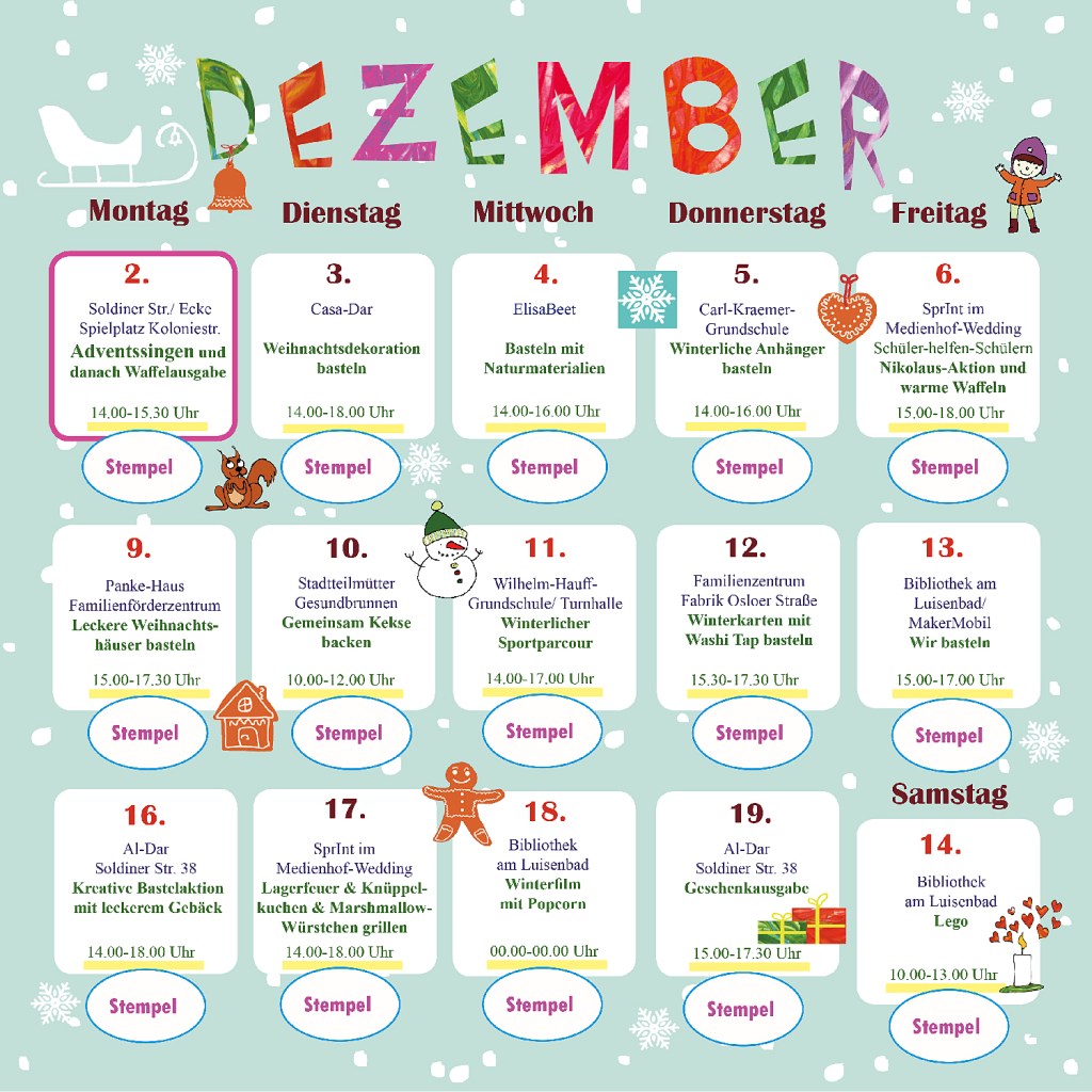 Die Stationen des Lebendigen Adventskalenders durch den Soldiner Kiez 2024.