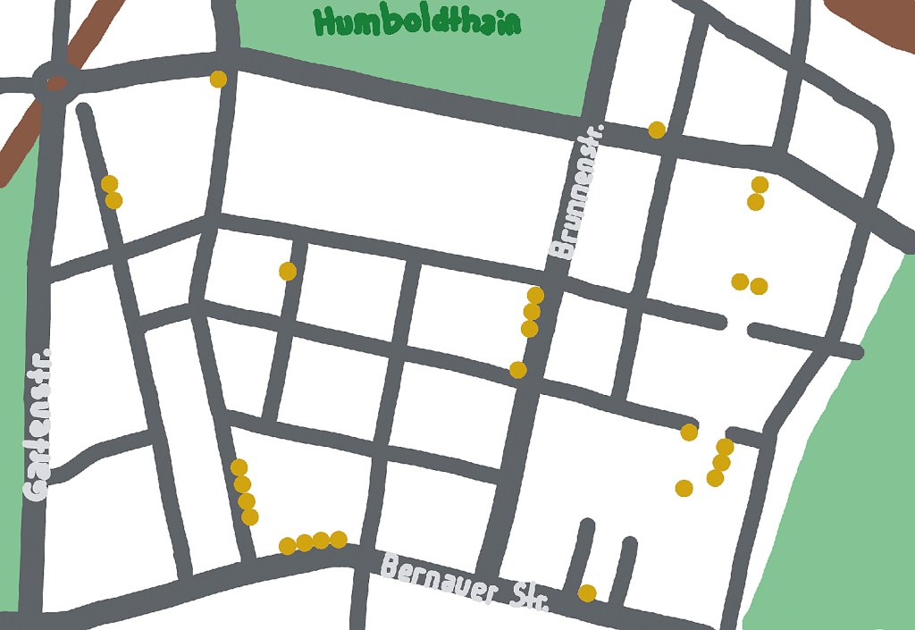 Auf der Karte sind alle 27 Stolpersteine markiert. Grafik: Jakob Hensel