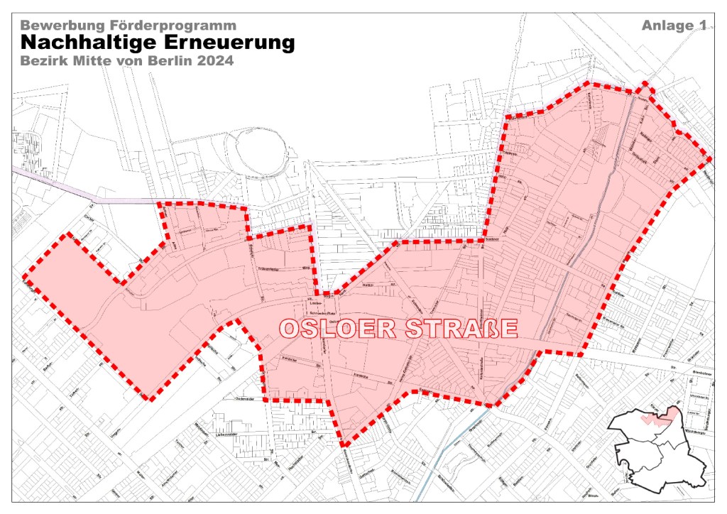 Der Zuschnitt des Gebiets Osloer Straße, mit dem sich der Bezirk um das Fördergebiet bewirbt. Foto: Bezirksamt Mitte