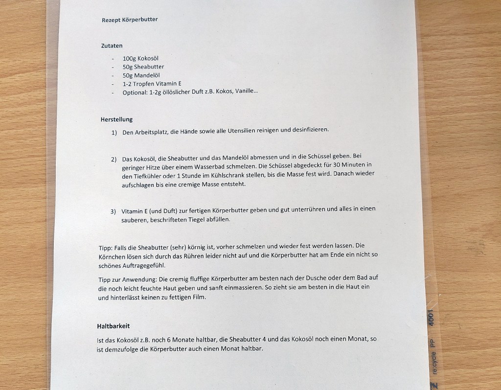 Das Rezept für die Körperbutter. Foto: Hensel