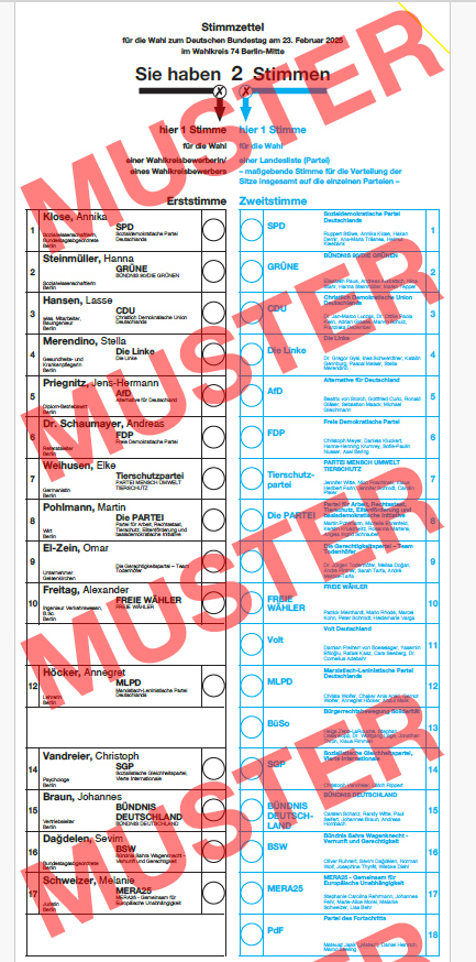 Der Wahlzettel für den Wahlkreis WK74 (Mitte) als Muster. Repro: Brunnenmagazin