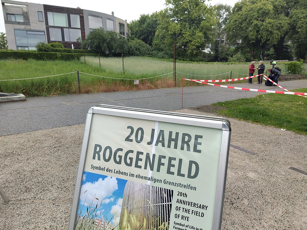 Aufsteller mit Hinweis auf die Ausstellung. Im Hintergrund ist ein Teil des Roggenfeldes zu sehen. Foto: Hensel