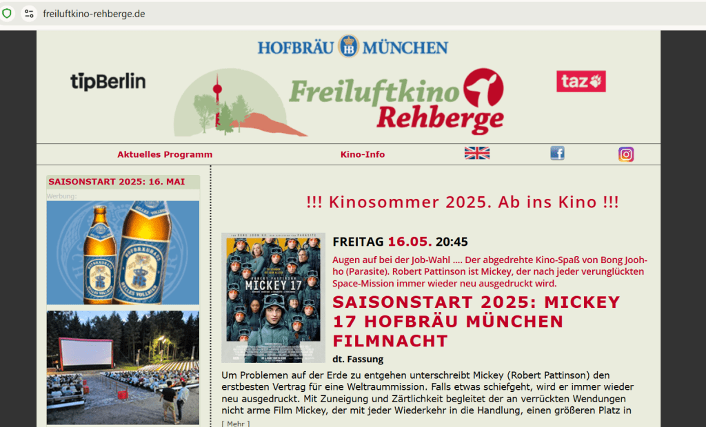Die Webseite des Freiluftkinos. Foto: Screenshot