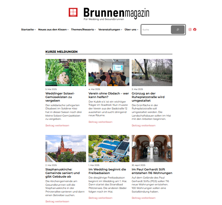 Die letzten sechs Meldungen im Brunnenmagazin. Screenshot: Brunnenmagazin