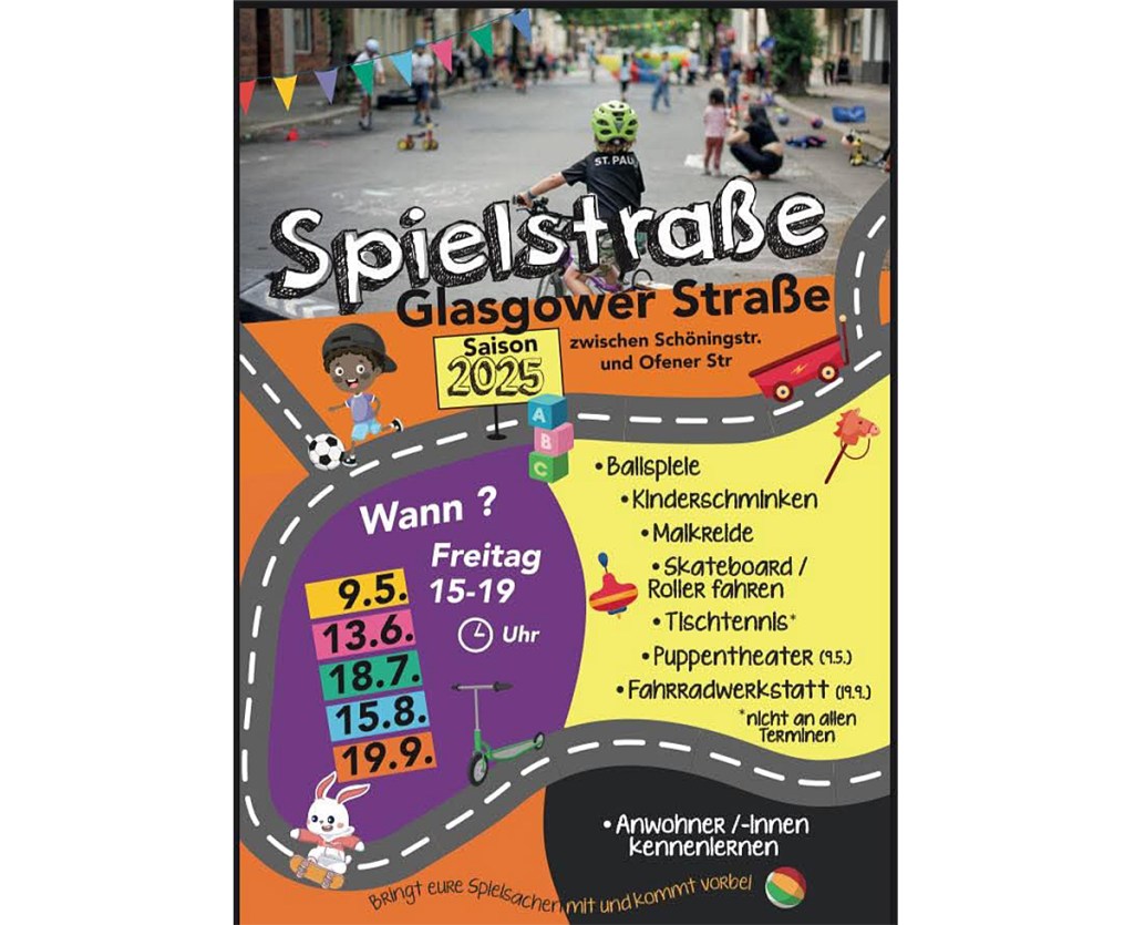 Eine private Initiative von Anwohnerinnen organisiert die Spielstraßen-Aktionen in der Glasgower Straße. Grafik: Initiative