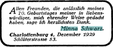 Anzeige von Minna Schwarz in der Centra-Verein-Zeitung 1929. Repro: Carsten Schmidt