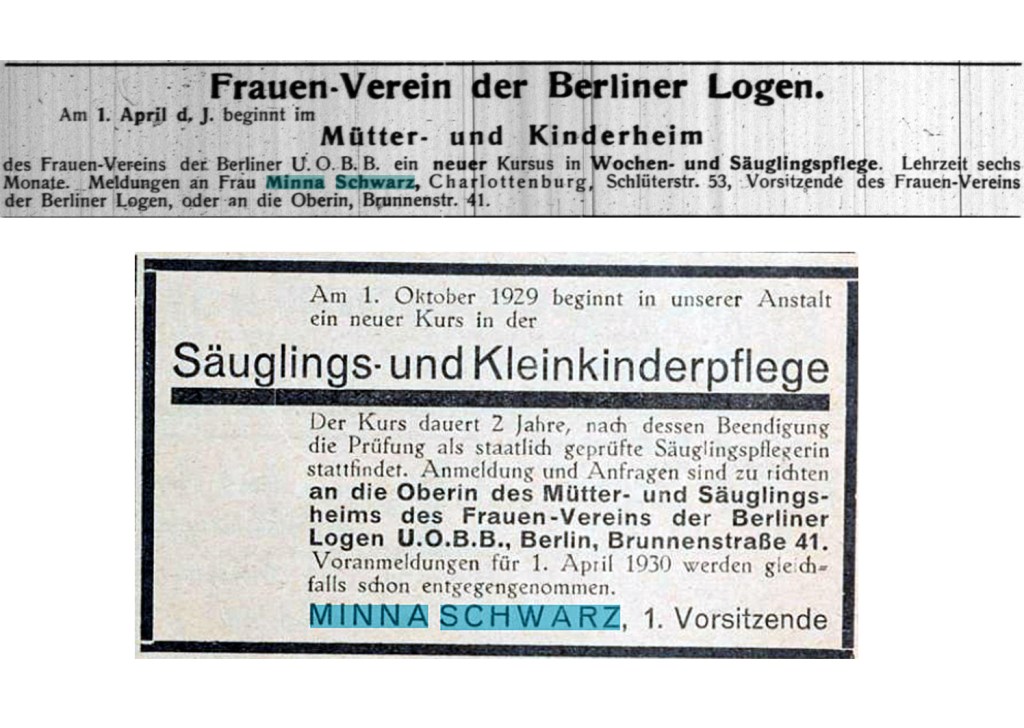 Zeitungsanzeigen zu Kursen für die Säuglingspflege (oben: 1922, unten: 1929)