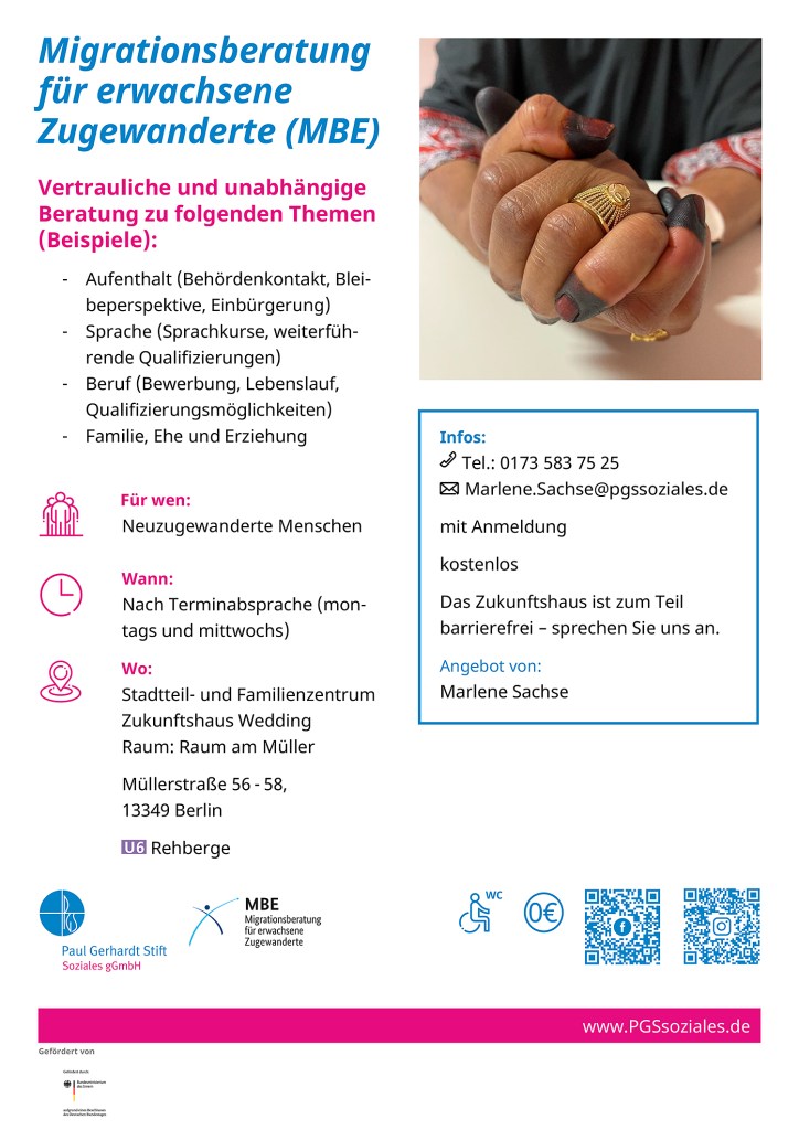 Der Flyer der Migrationsberatungsstelle des Zukunftshauses Wedding. Repro: Brunnenmagazin