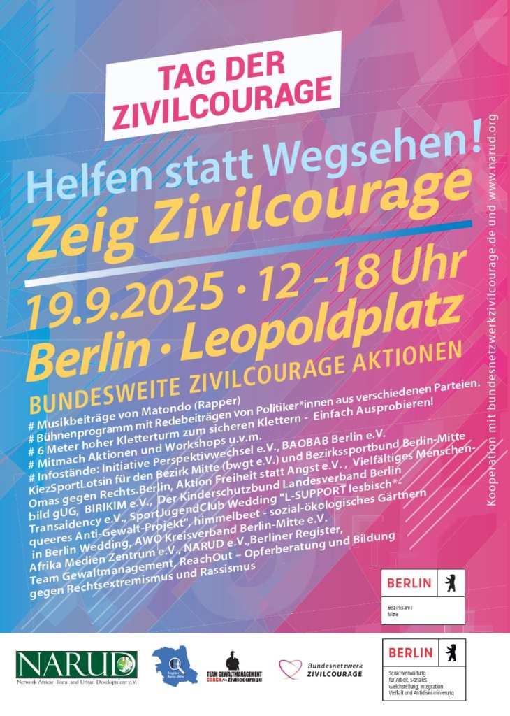 Plakat für den Tag der Zivilcourage auf dem Leopoldplatz 2025. Grafik: Narud e.V.