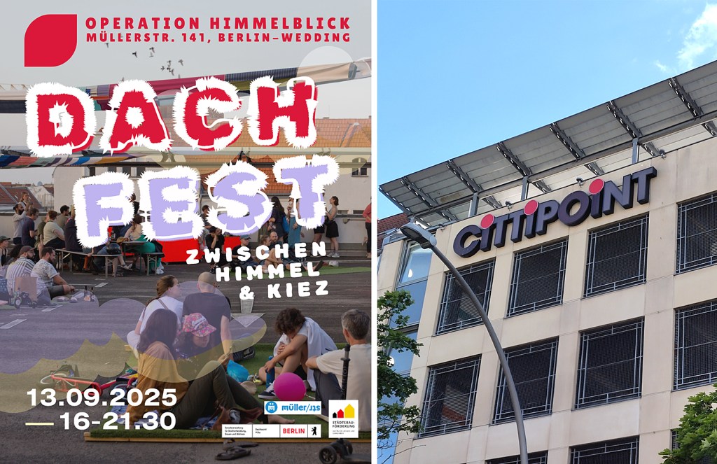 Plakat mit Hinweis auf das Dachfest auf dem CittiPoint-Dach. Foto: Hensel, Grafik: Stadtgewitter e.V.