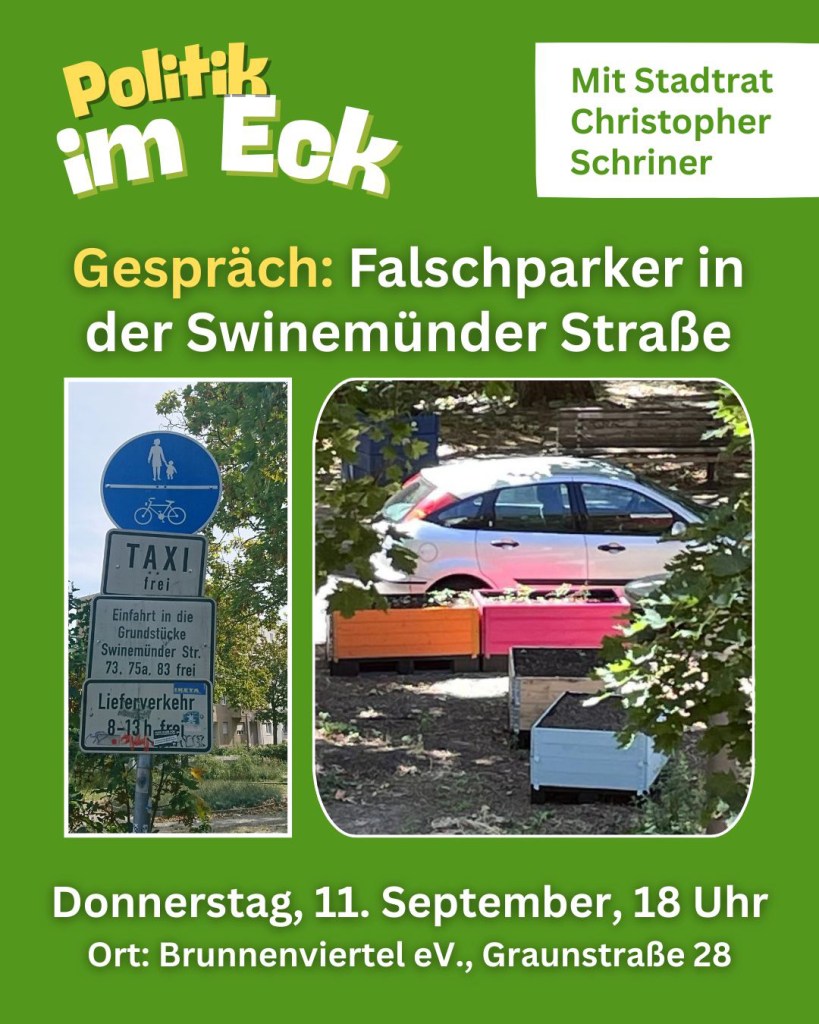 Hinweis auf "Politik im Eck" mit Bezirksstadtrat Schriner. Grafik: Brunnenviertel e.V.