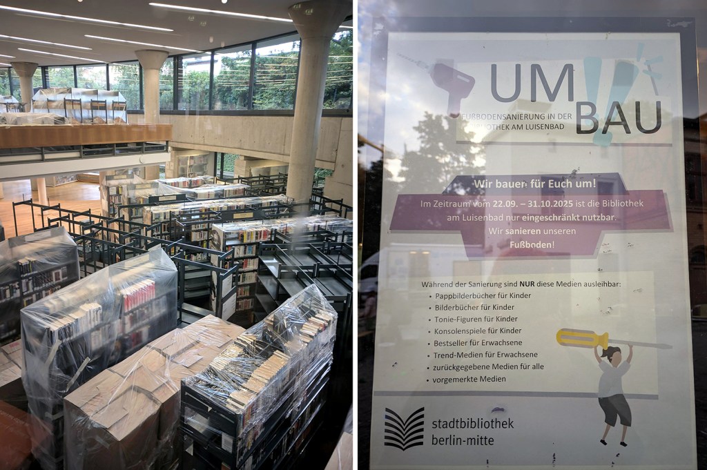 Blick in die Bibliothek und auf das Plakat für den Umbau. Fotos: Sallmann