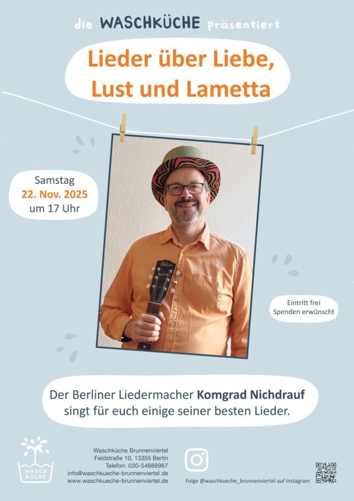 Plakat für das Konzert mit dem Liedermacher Komgrad Nichdrauf in der Waschküche