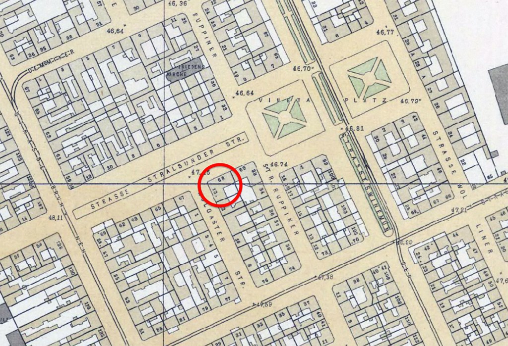 Standort der ersten Kinder-Volksküche in Berlin in der Stralsunder Straße 68 auf einer Karte von 1910