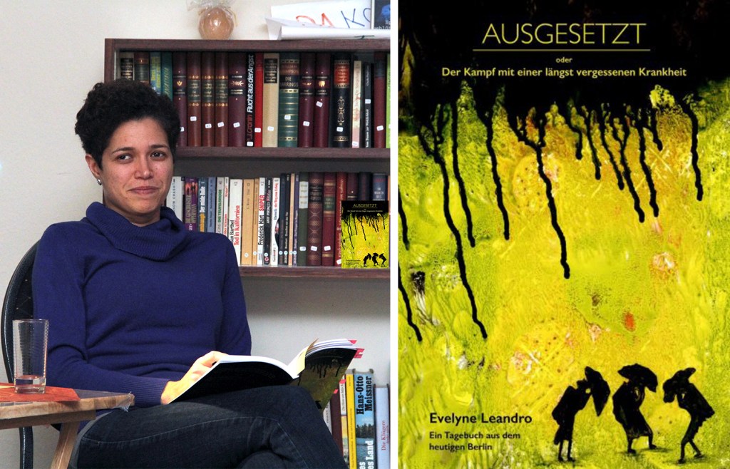 Evelyne Leandro liest in der Waschküche aus ihrem Buch "Ausgesetzt" über ihre Lepra-Erkrankung, rechts: das Buchcover