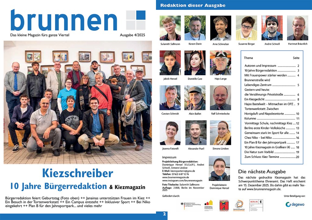 Die erste und zweite Seite der Winterausgabe des Kiezmagazins im Brunnenviertel mit dem Titel: Kiezschreiber