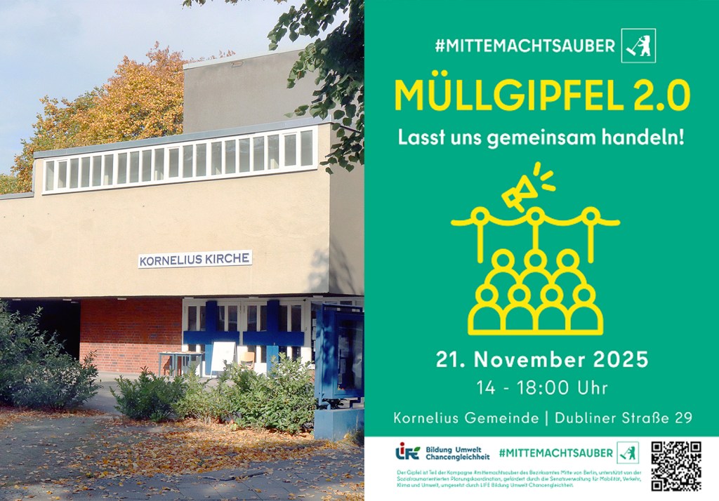 Links: die Kornelius-Kirche, rechts: das Plakat für den Müllgipfel