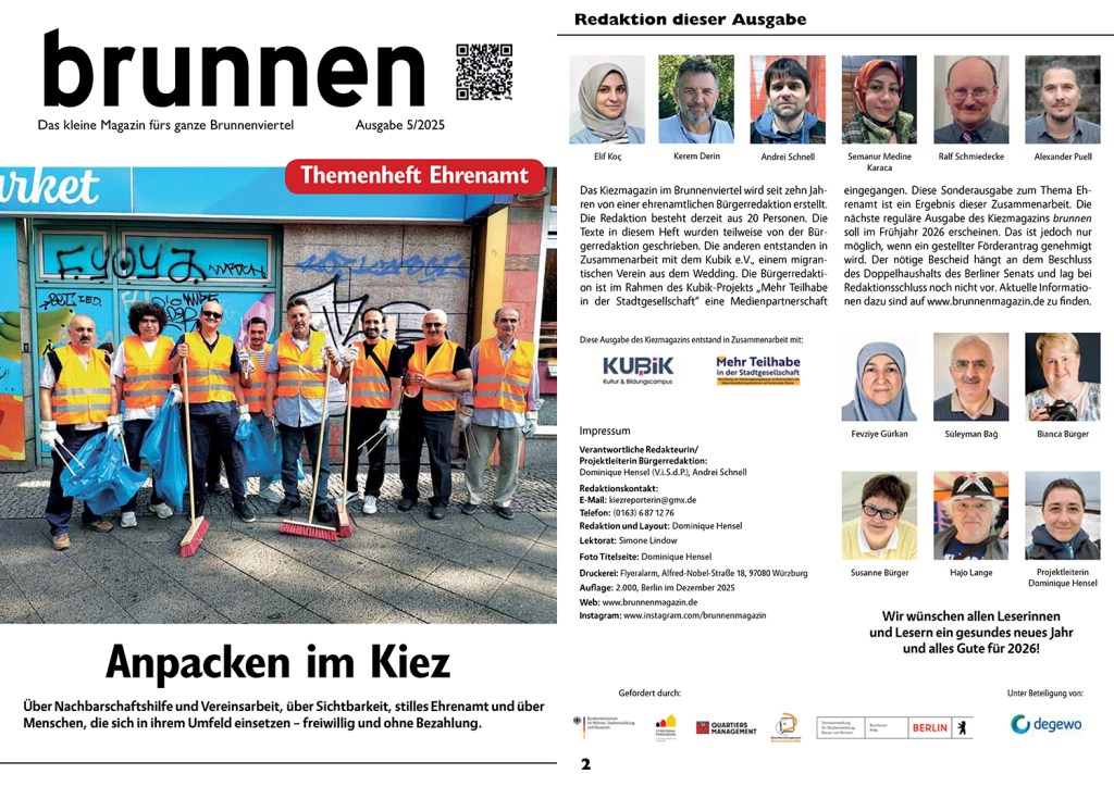 Die Titelseite und die zweite Seite des Ehrenamts-Ausgabe des Kiezmagazins "brunnen".