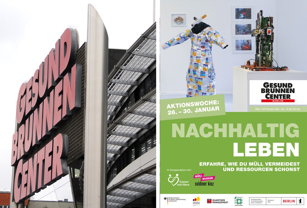 Plakat für die Nachhaltigkeitswoche, links ist das Schild am Gesundbrunnen Center zu sehen