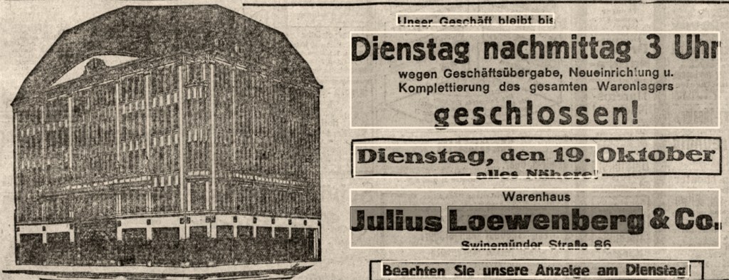 Anzeige mit Ansicht vom Warenhaus in der Zeitung Vorwärts, Sonntag, 17.10.1920. Quelle: Deutsches Zeitungsportal
