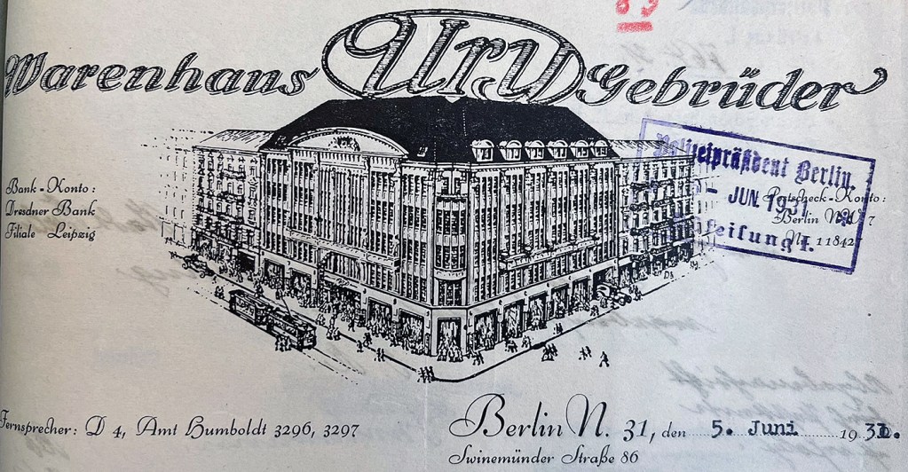 Briefpapier Warenhaus Ury, 1931. Quelle: LAB: B-Rep-203-Nr-6567 Blatt 83