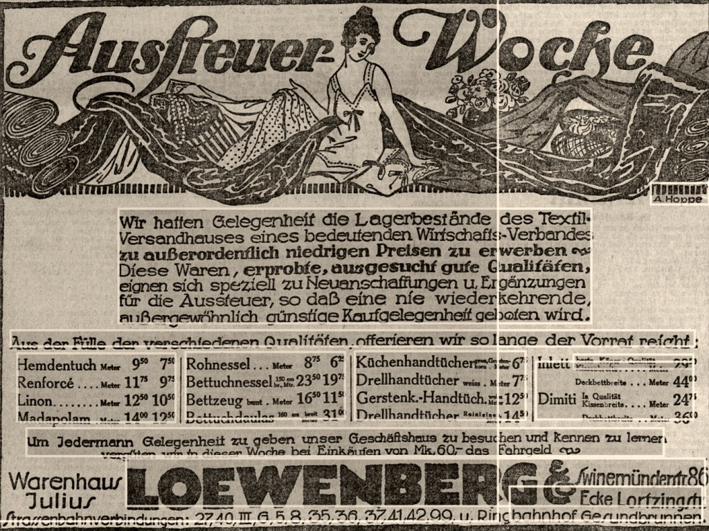 Anzeige Aussteuer-Woche bei Julius Loewenberg, in der Zeitung Vorwärts, 5.3.1921. Quelle: Deutsches Zeitungsportal