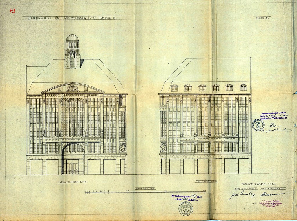 Fassaden-Entwürfe Kaufhaus Julius Loewenberg, Architekt C. Schmanns (Potsdam), Mai/Juni 1912. Quelle: LAB: B-Rep-203-6567 Blatt 73