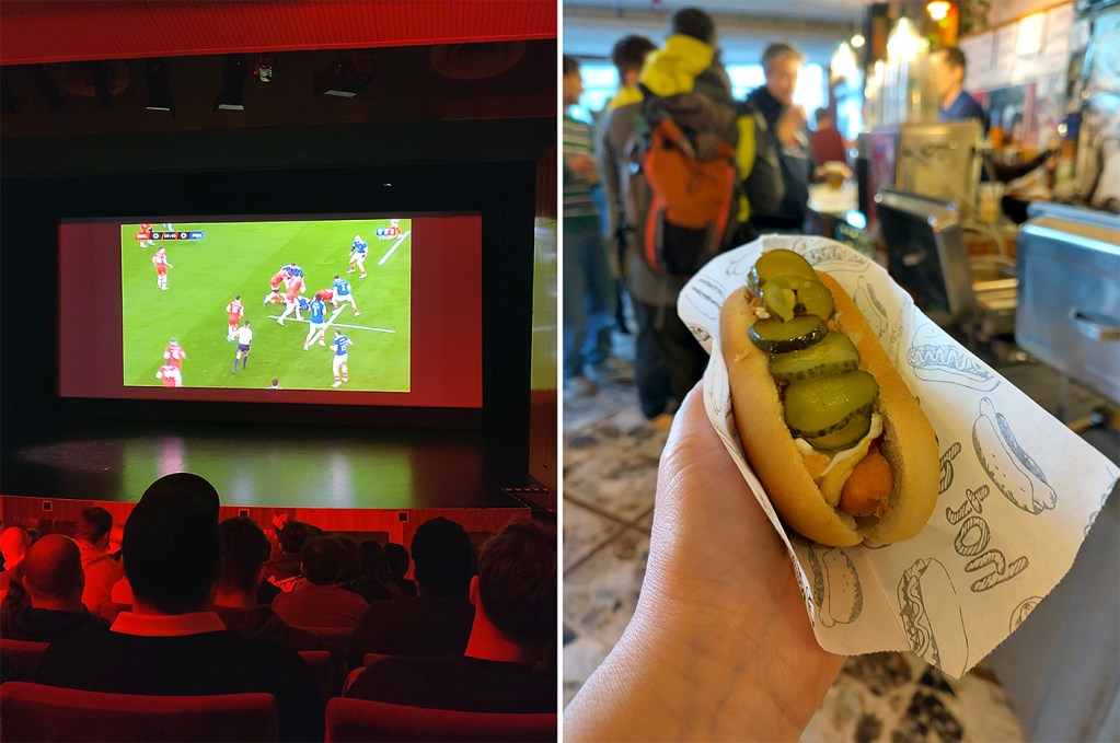 Rugbyspiel auf der Kinoleinwand - Hotdog in der Hand. Fotos. Hensel