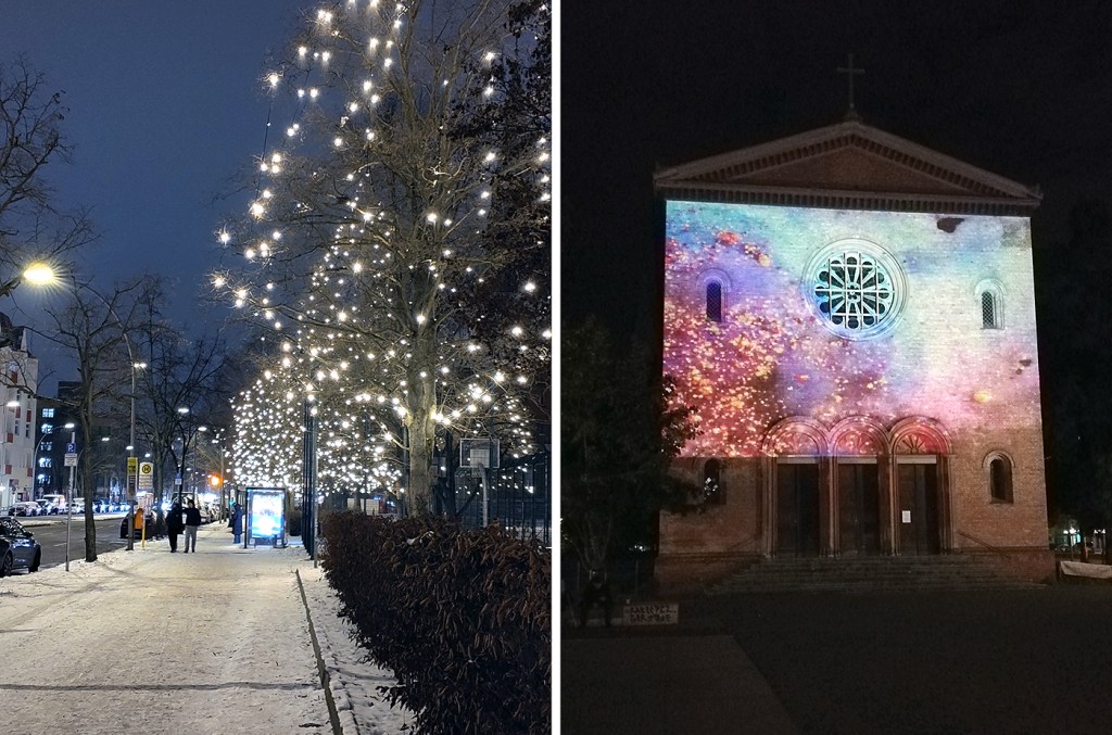 Die Winterbeleuchtung am Leopoldplatz. Rechts: Die illuminierte Alte Nazarethkirche. Fotos: Hensel