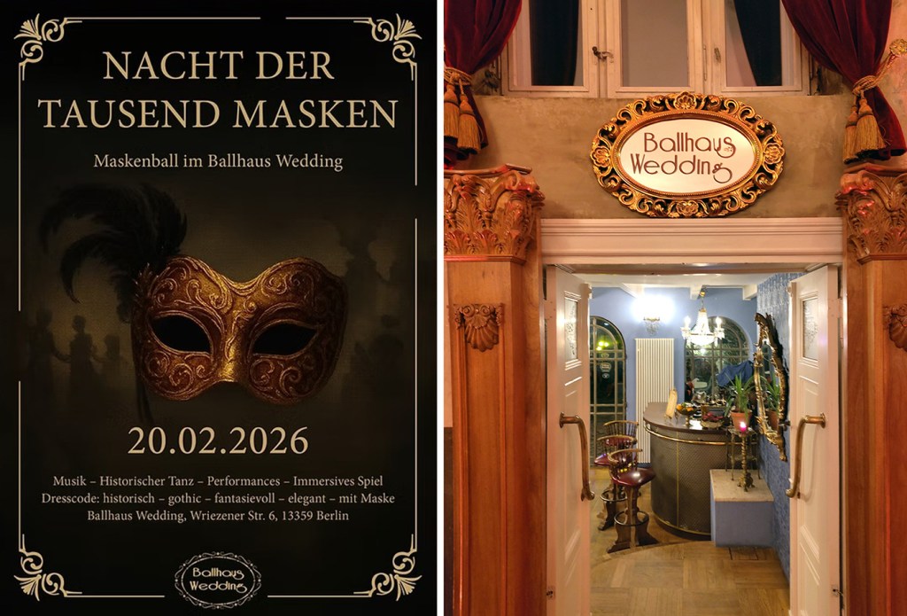 Plakat für den Maskenball im Ballhaus Wedding. Grafik: Ballhaus, Foto: Hensel
