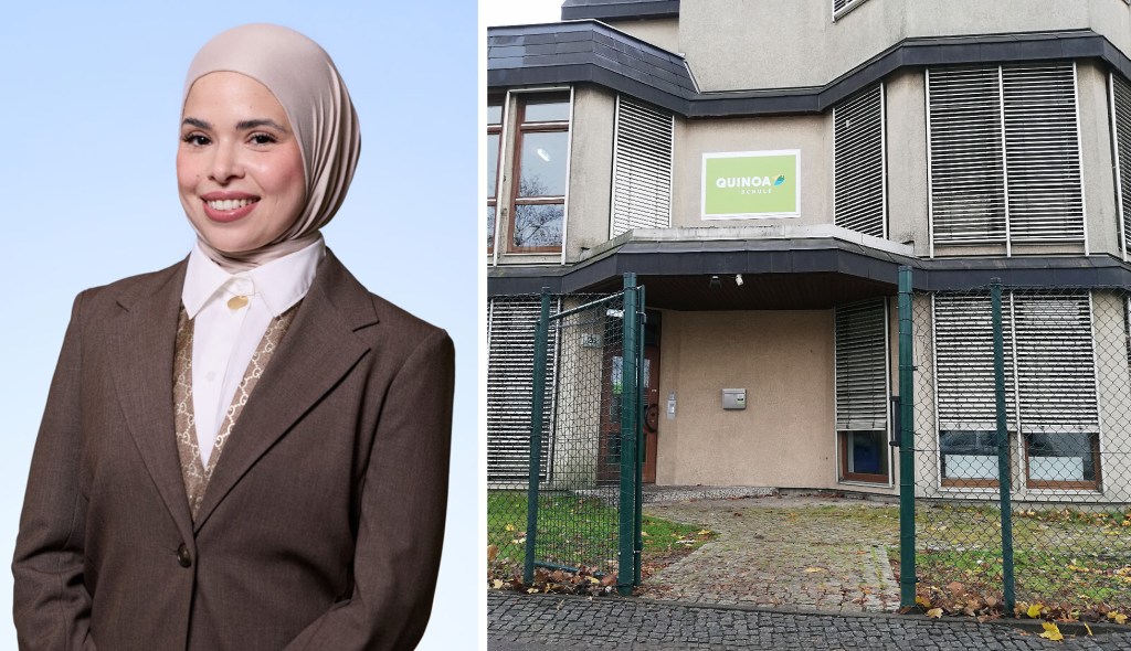 Die Lehrerin Fatma Kan von der Quinoa-Schule im Soldiner Kiez. Foto Kan: Deutscher Lehrkräftepreis, Foto Schule: Hensel