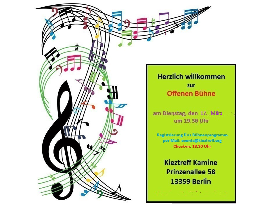 Im Kieztreff Kamine findet am 17. März die Offene Bühne statt. Grafik: Kieztreff