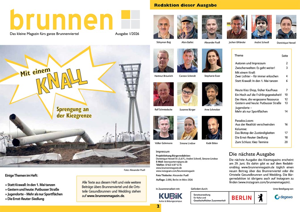 Cover und zweite Seite der Kiezmagazin-Ausgabe "Mit einem Knall"