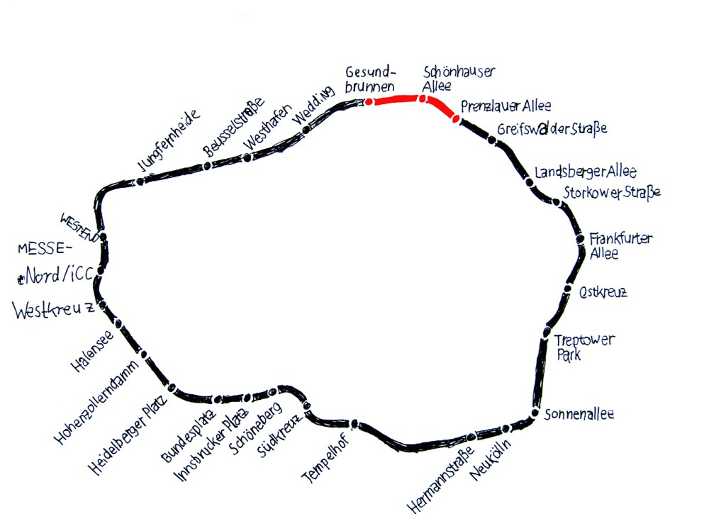 Die Ringbahn mit markiertem Abschnitt Gesundbrunnen-Prenzlauer Allee. Zeichnung: Jakob Hensel