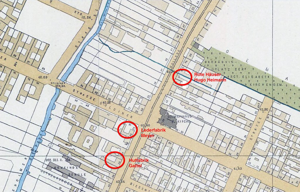 Standort der "Roten Häuser" in der Prinzenallee. Karte: Detail aus Straube-Plan 1910, Aufrufbar unter Histomapberlin.de