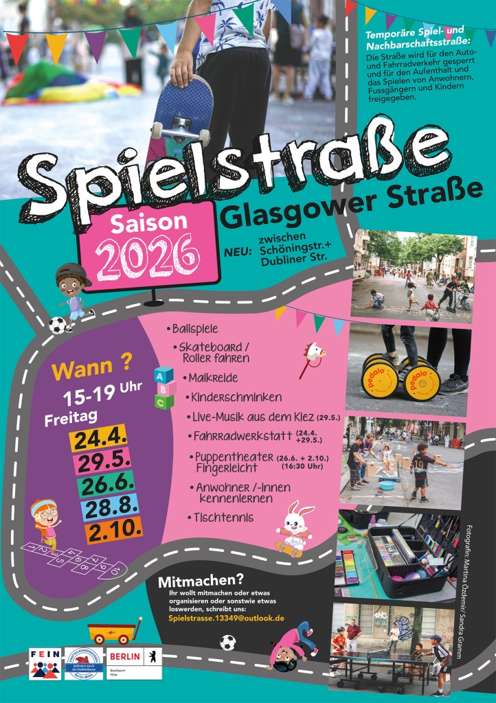 Plakat für die Spielstraßenaktionen 2026 auf der Glasgower Straße. Grafik: Initiative