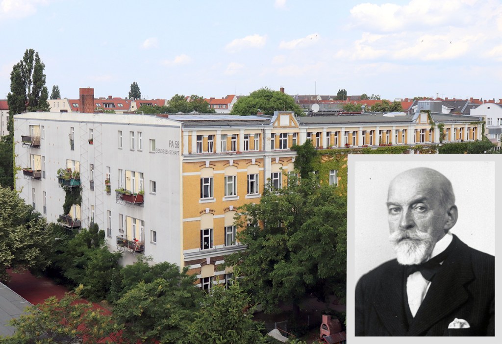 Die Hutfabrik Gattel in der Prinzenallee und ein Porträt von Hugo Heimann. Foto Hutfabrik: Schnell, Foto Heimann: Leo Baeck Institute, Sammlung Hugo Heimann AR 208